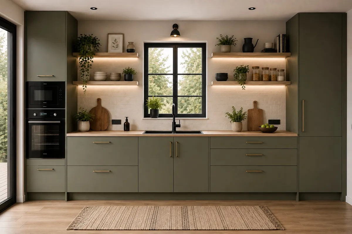 Kuhinja Verde — maslinasto zeleni frontovi sa drvetom i mesingom